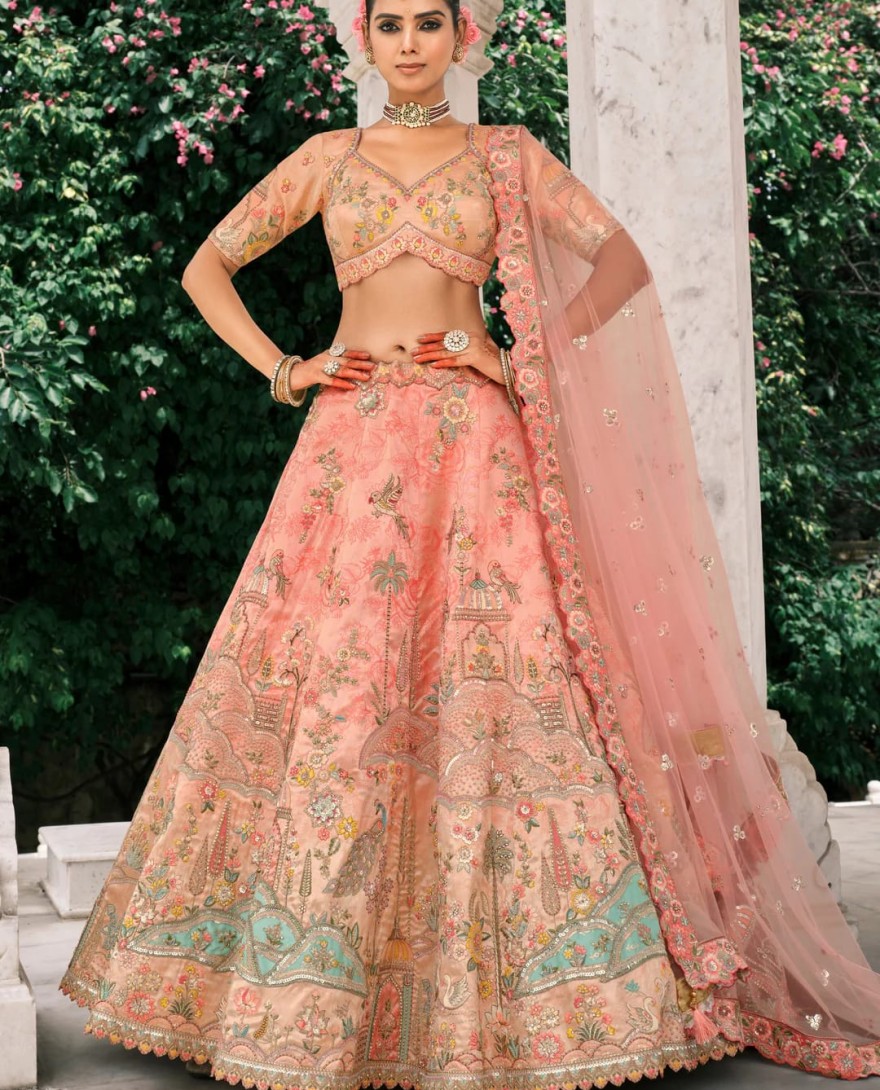PEACHPINK - Peach Pink Fancy Silk Lehenga Choli With Cut Work Embroidery Border & Stone Work